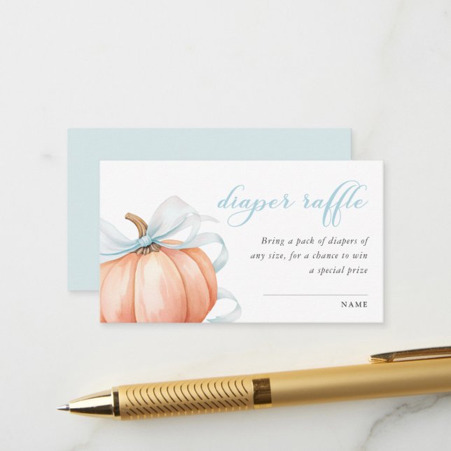 Carte D'accompagnement Citrouille Baby shower Bleu Bow Déchets (Devant/Arrière en situation)