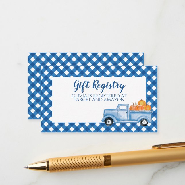 Carte D'accompagnement Citrouille Baby shower bleu Plaid Truck Cadeau Reg (Devant/Arrière en situation)