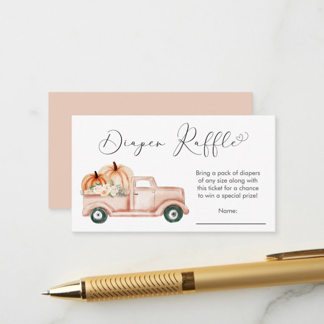 Carte D'accompagnement Citrouille Floral Truck Baby shower Diaper Raffle (Devant/Arrière en situation)
