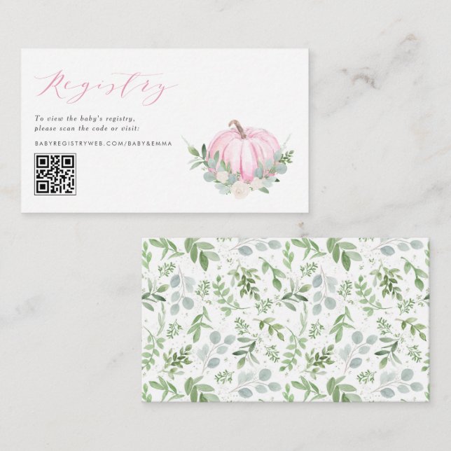Carte D'accompagnement Citrouille rose Baby shower d'automne QR Code regi (Devant / Derrière)