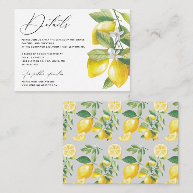Carte D'accompagnement Citrus de fleurs de citron Détails du Mariage (Devant / Derrière)