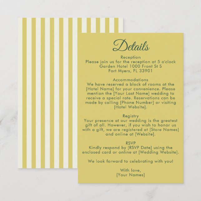 Carte D'accompagnement Citrus Yellow Olive Green and Ivory Wedding Detail (Devant / Derrière)