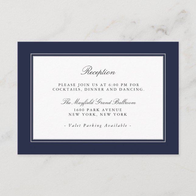Carte D'accompagnement Classe Bleue Marine Élégante Réception de mariage (Devant)