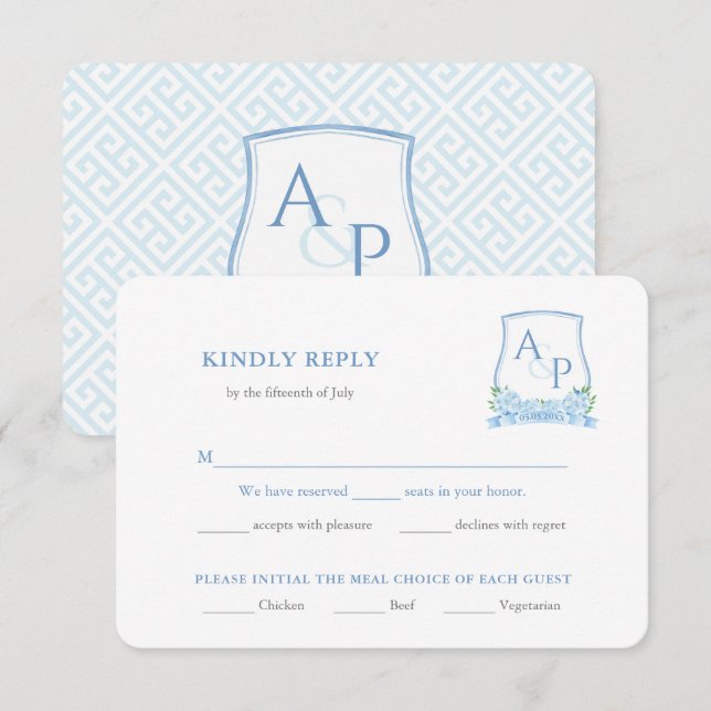 Carte D'accompagnement Classic Bleu Blanc Mariage Crest Choix de repas RS (Devant / Derrière)