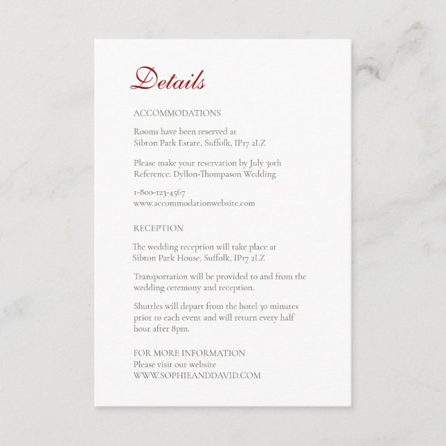 Carte D'accompagnement Classic Crimson Red Rose Lace Détails du Mariage (Devant)