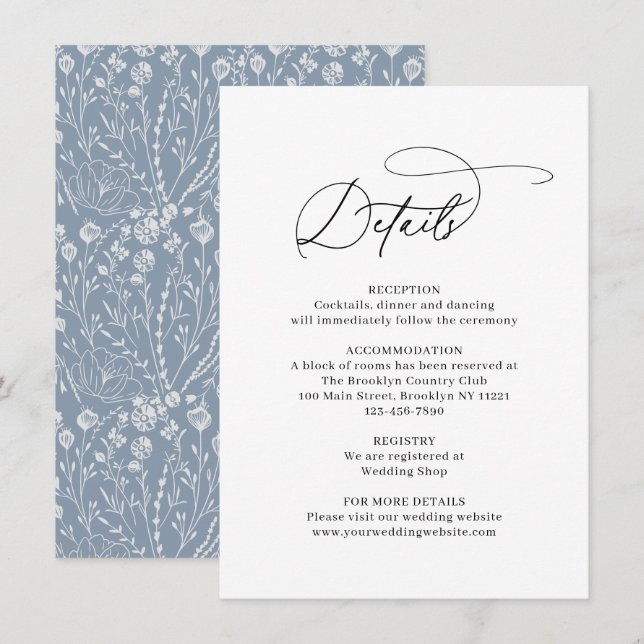 Carte D'accompagnement Classic Elegance Line Art Floral Dusty Blue Mariag (Devant / Derrière)