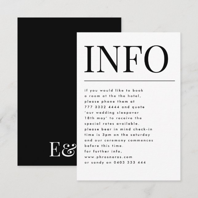 Carte D'accompagnement Classic Elegant Bold Gros détails du Mariage INFO (Devant / Derrière)