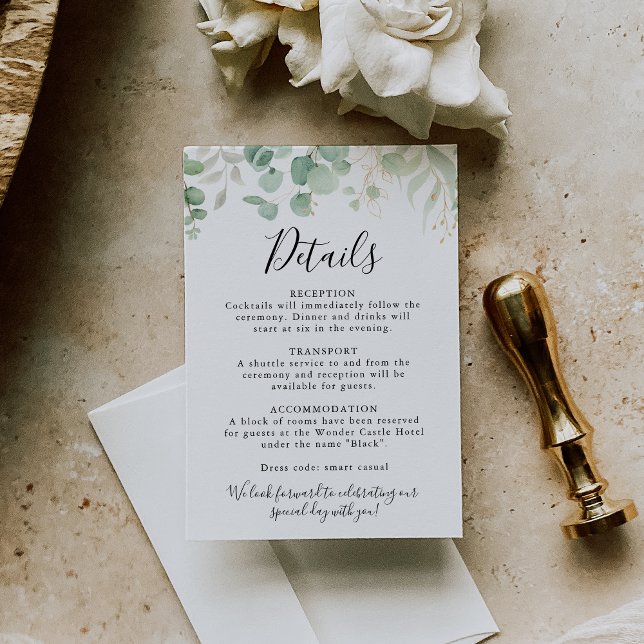 Carte D'accompagnement Classic Eucalyptus Gold Leaf Détails du Mariage (Créateur téléchargé)