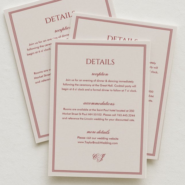 Carte D'accompagnement Classic Ivory and Burgundy Wedding Details  (Créateur téléchargé)