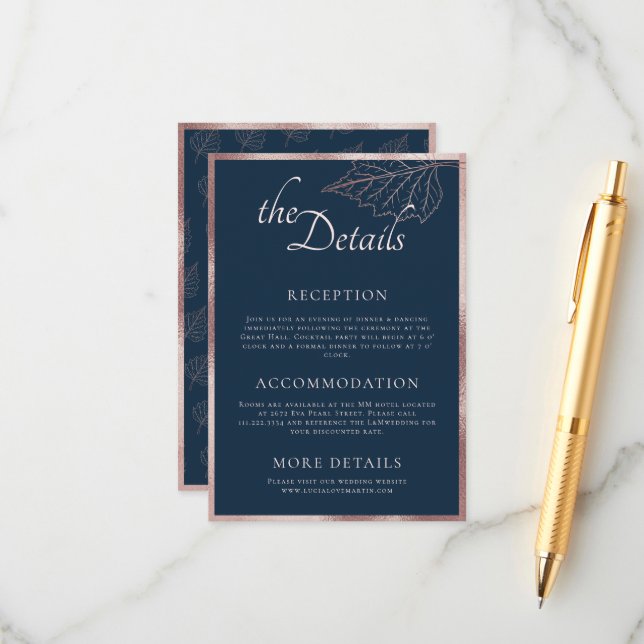 Carte D'accompagnement Classic Marine Matt Rose Gold Feuille Mariage Déta (Devant/Arrière en situation)
