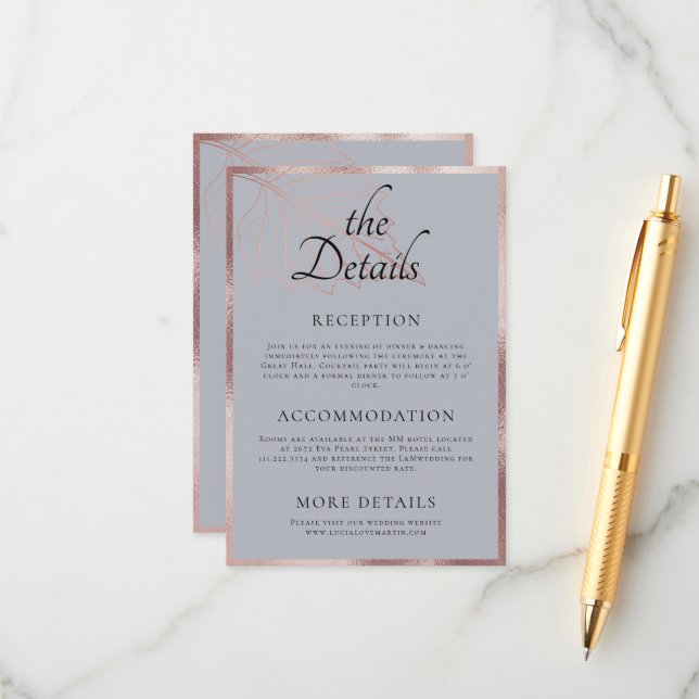 Carte D'accompagnement Classic Matt Rose Gold Feuille Mariage Détail (Devant/Arrière en situation)