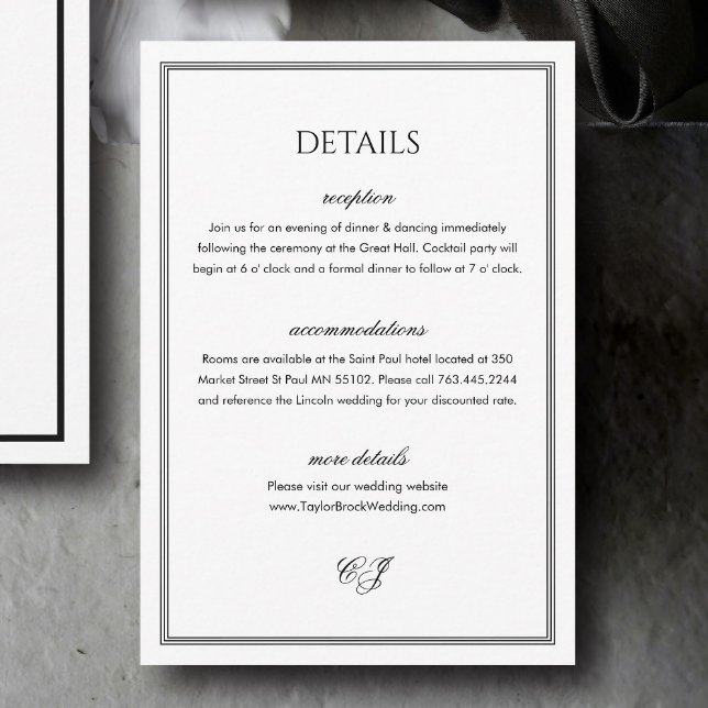 Carte D'accompagnement Classic Old Money Black and White Wedding Details (Créateur téléchargé)