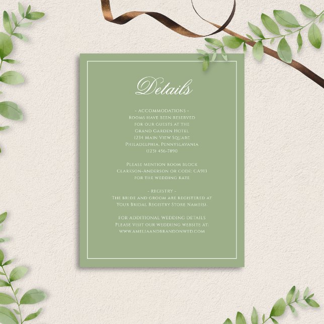 Carte D'accompagnement Classic Sage Green & White Border Wedding Details (Créateur téléchargé)