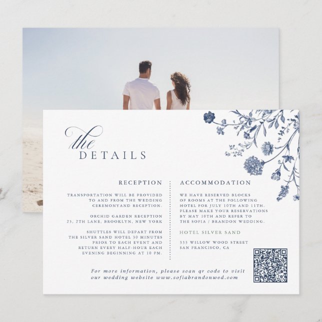 Carte D'accompagnement Classic Victorian Blue French QR Code Wedding (Devant / Derrière)