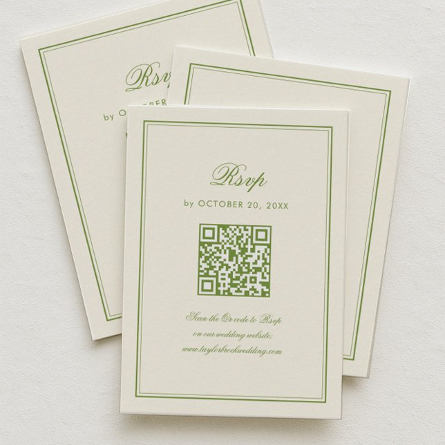 Carte D'accompagnement Classic White and Sage Green Wedding RSVP Qr Code (Créateur téléchargé)