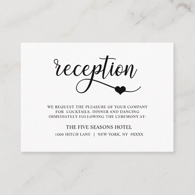 Carte D'accompagnement Classy Moderne Noir Blanc Coeur Mariage RÉCEPTION (Devant)