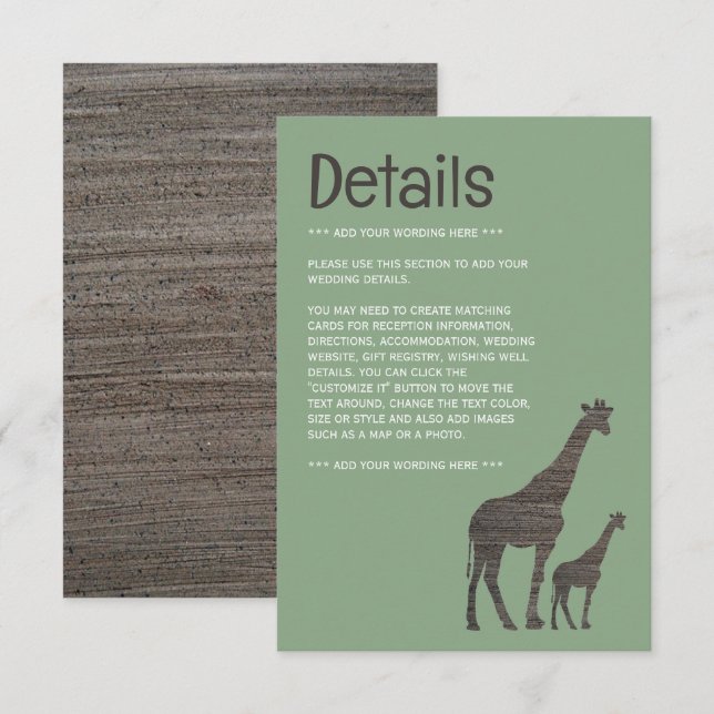 Carte D'accompagnement Clay Safari Giraffe, Rustic Mariage Détail (Devant / Derrière)