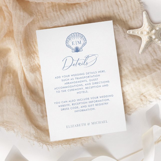 Carte D'accompagnement Coastal Blue Beach Monogramme Détails du Mariage (Créateur téléchargé)