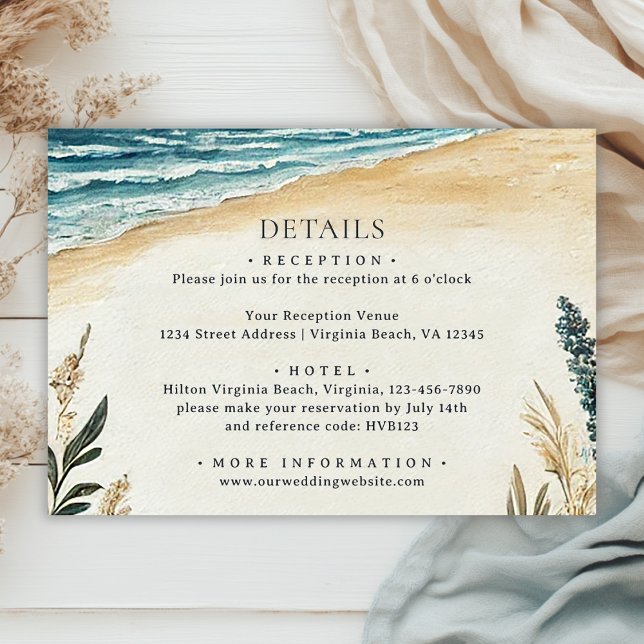 Carte D'accompagnement Coastal Chic Beach Aquarelle Détails du Mariage (Front - Coastal Chic Beach Watercolor Wedding Details Enclosure Card)
