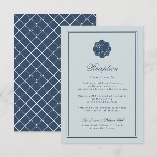 Carte D'accompagnement Coastal Wedding Dusty Blue Monogram Reception (Devant / Derrière)