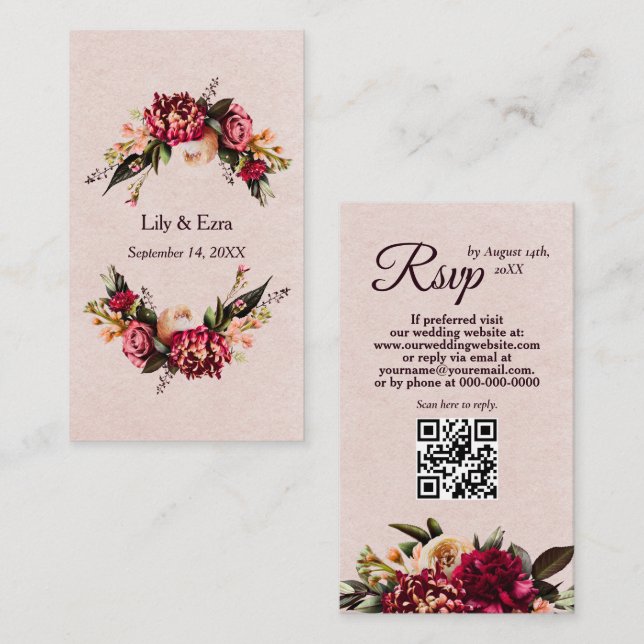 Carte D'accompagnement Code QR Bourgogne et Blush RSVP (Devant / Derrière)