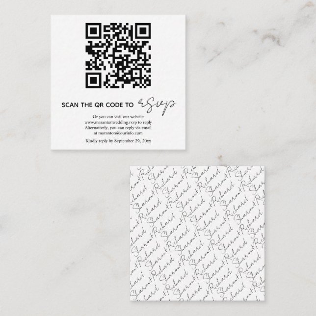 Carte D'accompagnement Code QR calligraphie noir et blanc RSVP photo (Devant / Derrière)