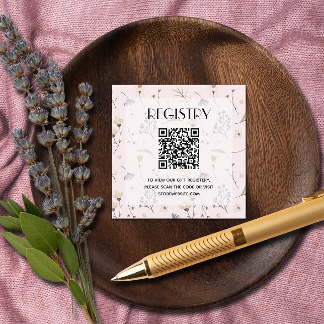 Carte D'accompagnement Code QR de la liste de naissance Fille Fleurs sauv (Wildflowers on Pink Girl Baby Shower Registry QR Code Enclosure Cards)
