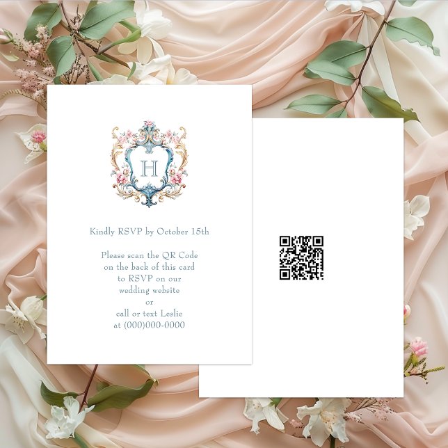 Carte D'accompagnement Code QR de mariage à armoiries florales monogramme (Créateur téléchargé)