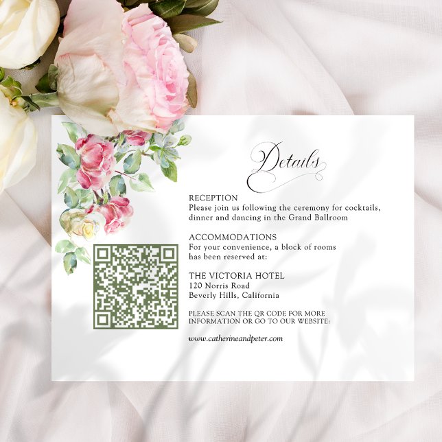 Carte D'accompagnement Code QR de mariage aux roses aquarelles rose saumo (Créateur téléchargé)