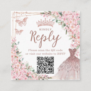 Carte D'accompagnement Code QR de Quinceañera Fleurs de Cerisier Or Rose