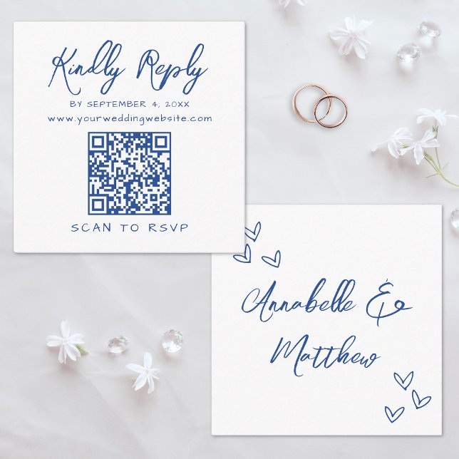 Carte D'accompagnement Code QR de réponse de mariage bleu à script minima (Minimalist Script QR Code Blue Wedding Reply Enclosure Card)