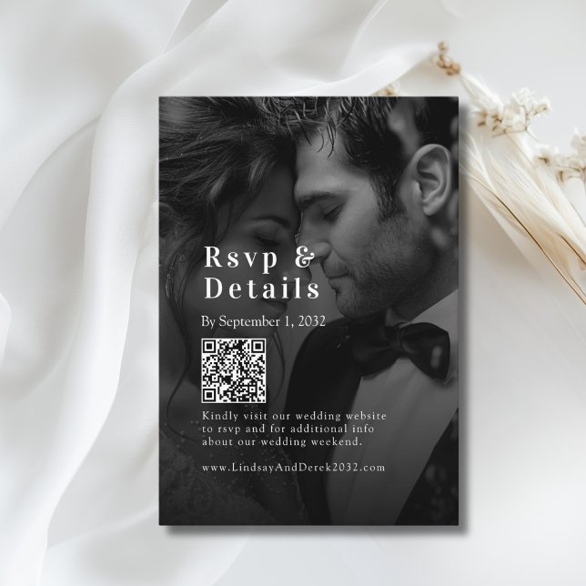 Carte D'accompagnement Code QR de réponse de mariage en photo B & N tenda (Bold Trending B&W-Photo Wedding QR Code RSVP Enclosure Card)