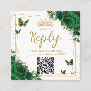 Carte D'accompagnement Code QR de RSVP de Quinceanera papillons vert émer