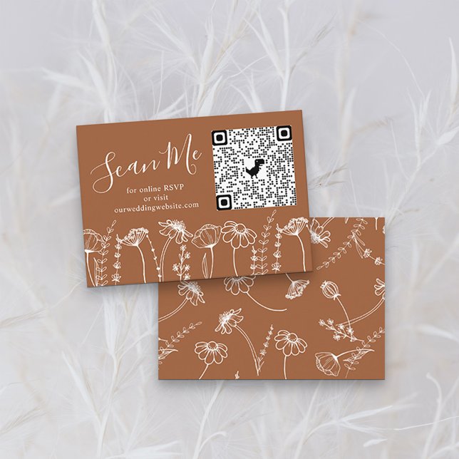 Carte D'accompagnement Code QR de RSVP en ligne pour le croquis de fleurs (QR Code RSVP Card without Photo in Terracotta Burnt Orange, from my Wildflower Sketch collection)