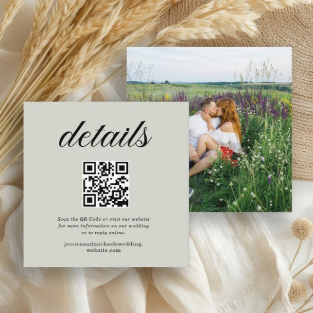 Carte D'accompagnement Code QR de site Web RSVP vert sauge Photo (Wedding details photo enclosure card with QR Code and Wedding website)