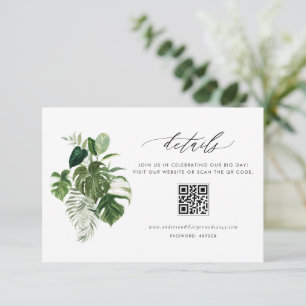 Carte D'accompagnement Code QR des détails de mariage d'été Monstera aqua