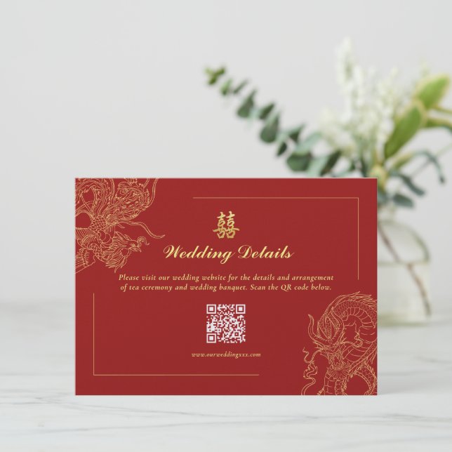 Carte D'accompagnement Code QR des détails du mariage chinois Dragon Phén (Debout devant)