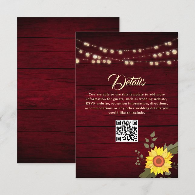Carte D'accompagnement Code QR des détails du mariage tournesol (Devant / Derrière)