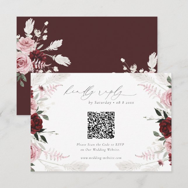 Carte D'accompagnement Code QR du Mariage Floral Bourgogne RSVP (Devant / Derrière)