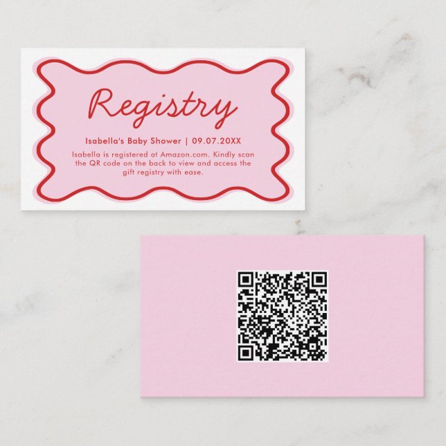 Carte D'accompagnement Code QR du registre de Baby shower rouge rose ondu (Devant / Derrière)