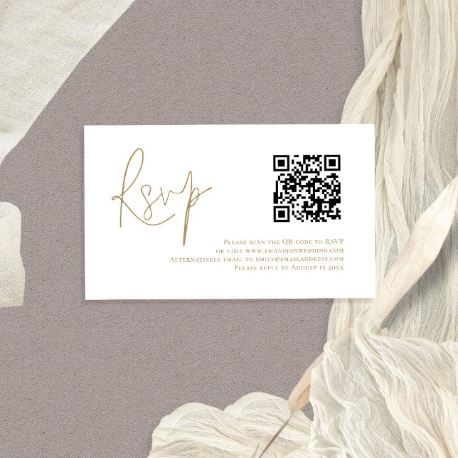 Carte D'accompagnement Code QR Gold Script Mariage RSVP (Elegant small RSVP 3.5 x 2" enclosure with QR code. Part of a matching wedding suite)