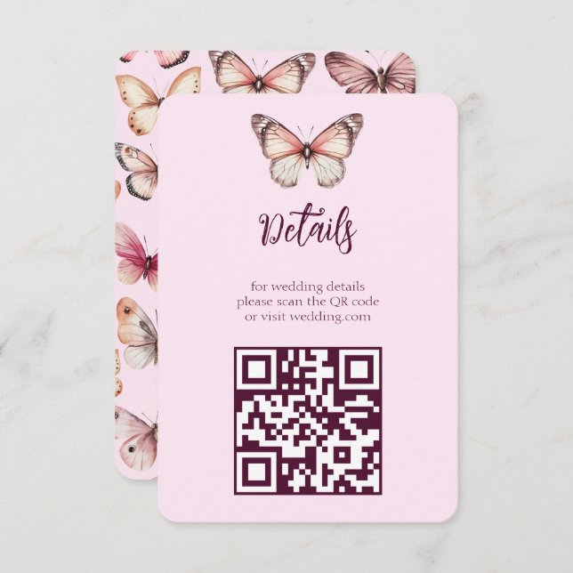Carte D'accompagnement Code QR Mariage CUSTOM Elegant Butterflies (Devant / Derrière)