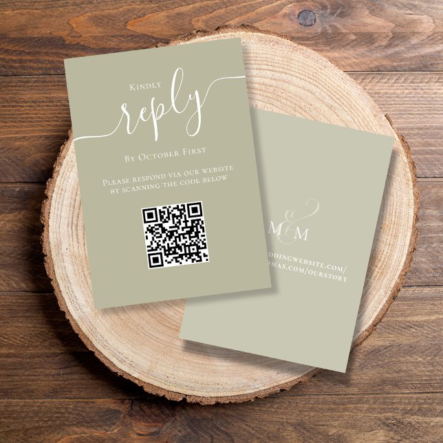 Carte D'accompagnement Code QR Mariage RSVP Script Sage Vert (Elegant RSVP card with a scannable QR Code )