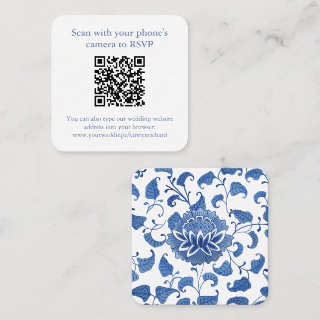 Carte D'accompagnement Code QR Mariage Vase Chinois Bleu Et Blanc RSVP (Devant / Derrière)