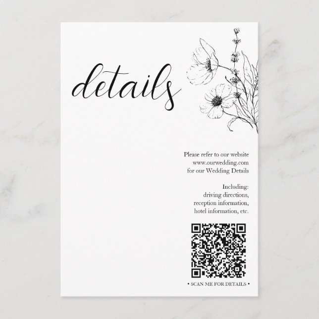 Carte D'accompagnement Code QR moderne Script noir blanc Détails floraux (Devant)