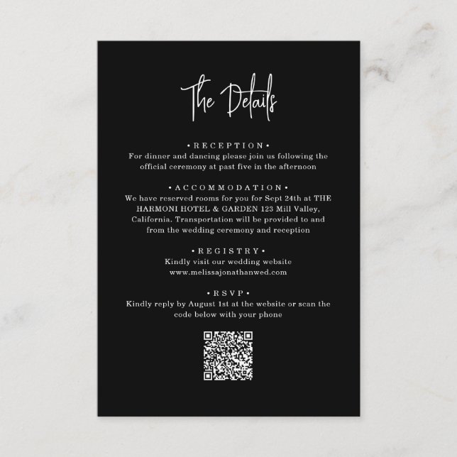 Carte D'accompagnement Code QR noir classique Mariage de script manuscrit (Devant)