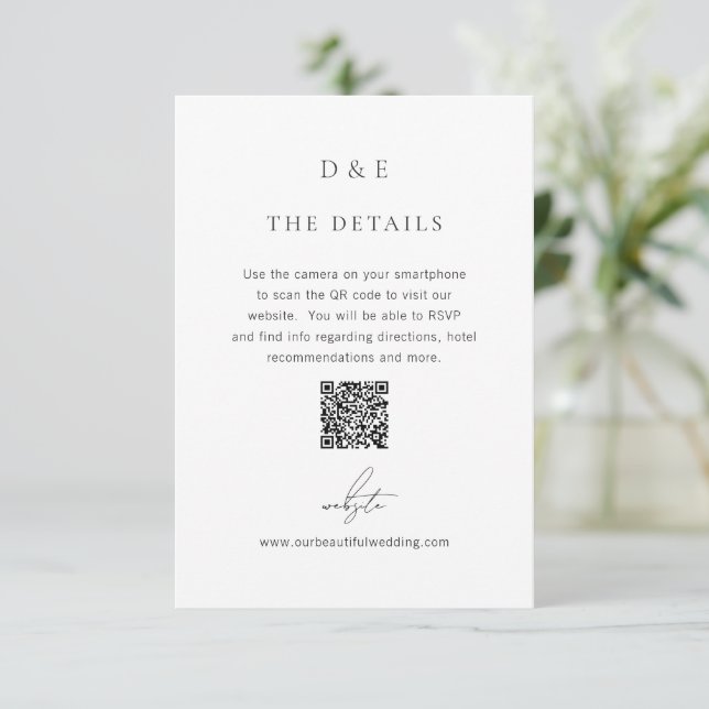 Carte D'accompagnement Code QR noir et blanc classique Mariage élégant (Debout devant)