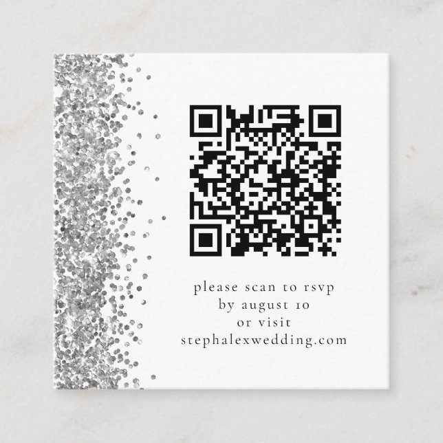 Carte D'accompagnement Code QR Parties scintillant argent Mariage RSVP (Devant)