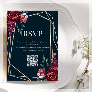 Carte D'accompagnement Code QR RSVP Bleu marine Floral bordeaux