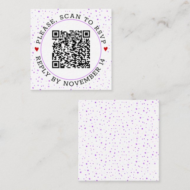 Carte D'accompagnement Code QR RSVP bordure violette et confetti (Devant / Derrière)
